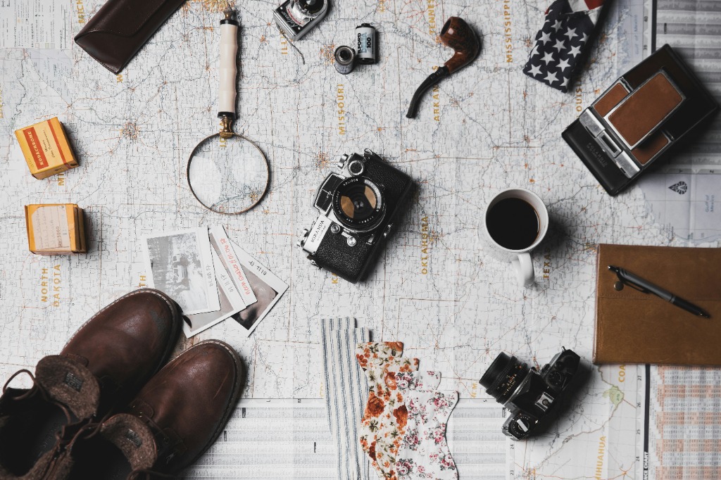 Travel planning map, camera, and boots